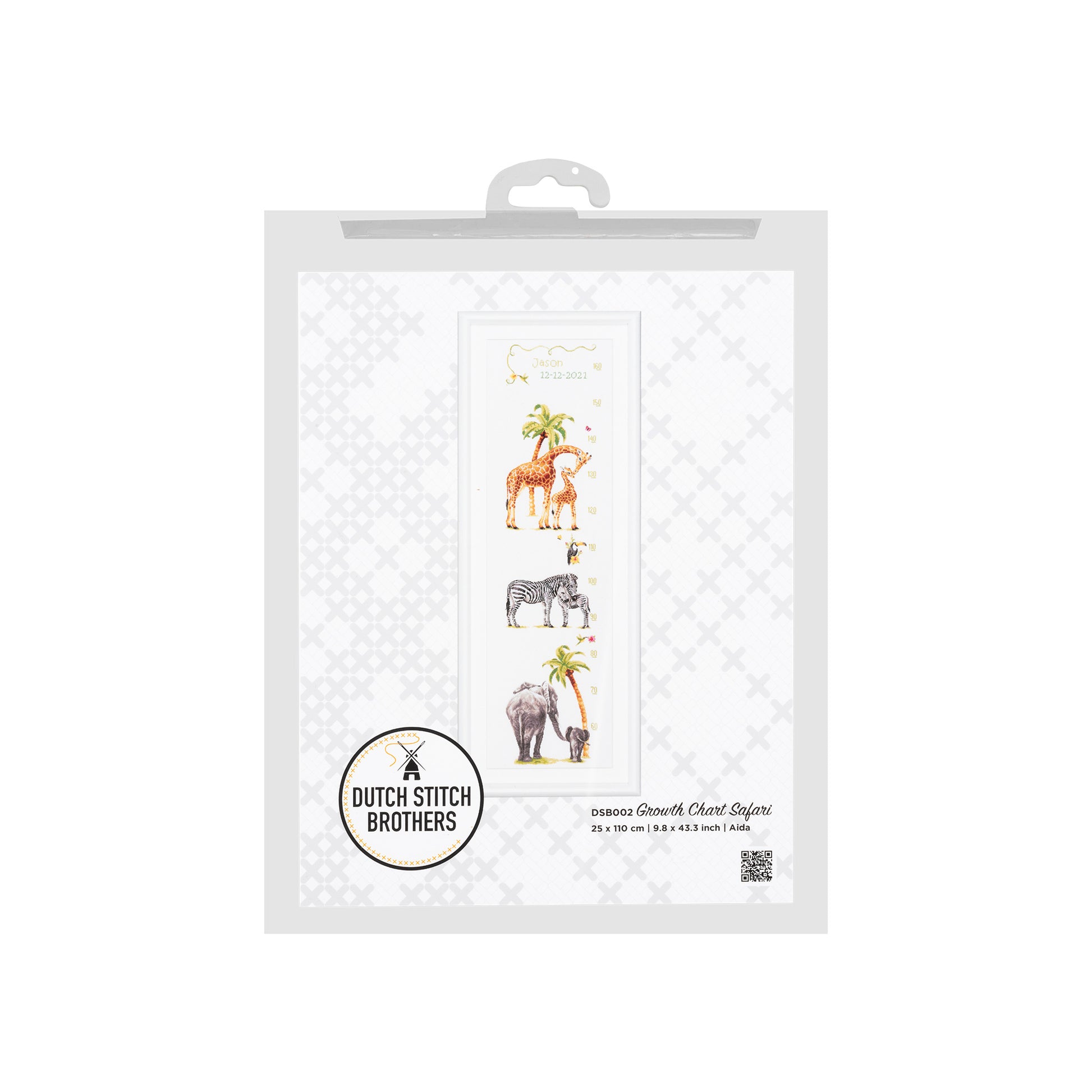 Packaging of cross stitch kit a growth chart with animal safari Dutch Stitch Brothers 