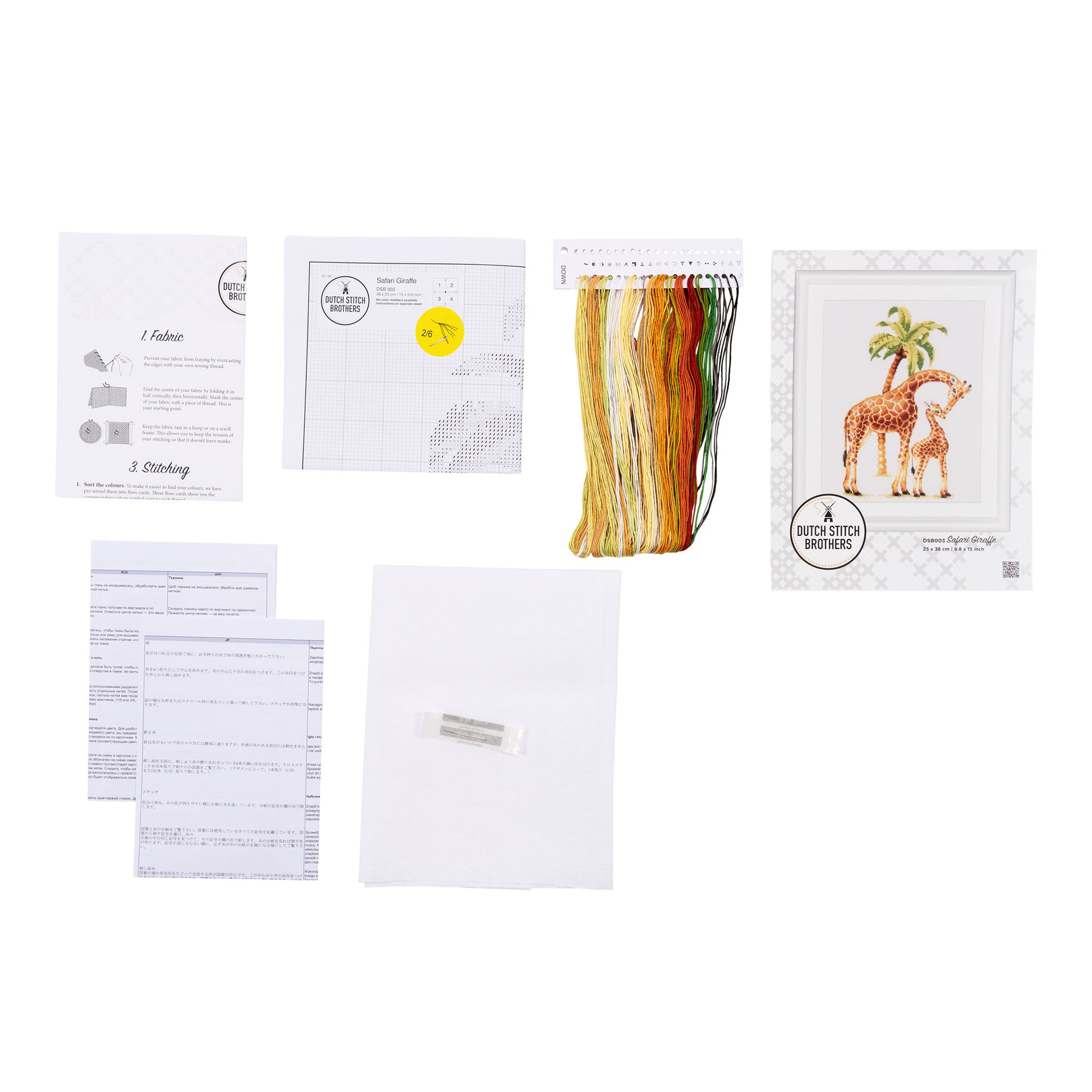 Embroidery kit with pattern and chart, needlework fabric, and threads on the floss organizer.