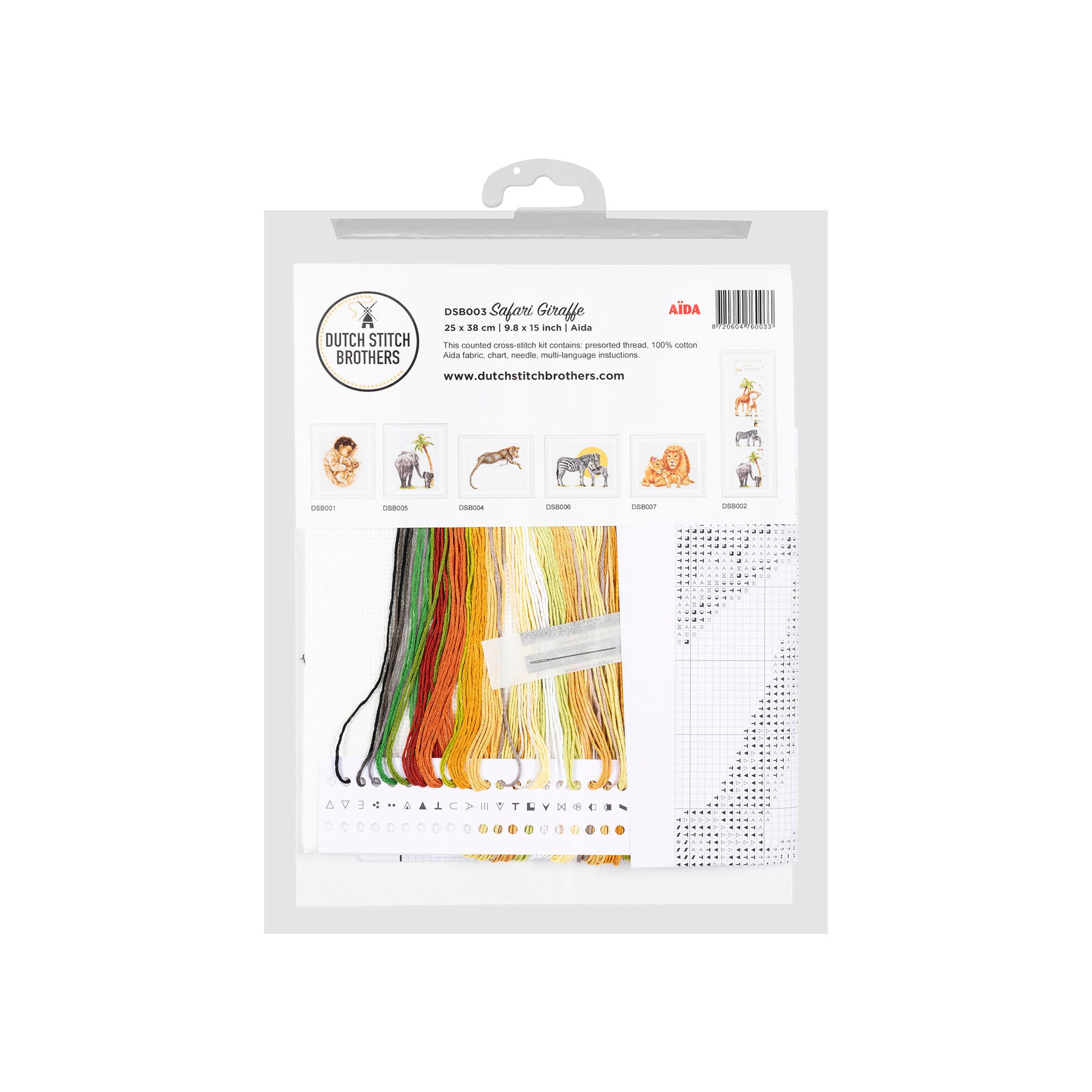 Packaging of Dutch Stitch Brothers embroidery kit with colorful dmc embroidery threads and patterns on a white background