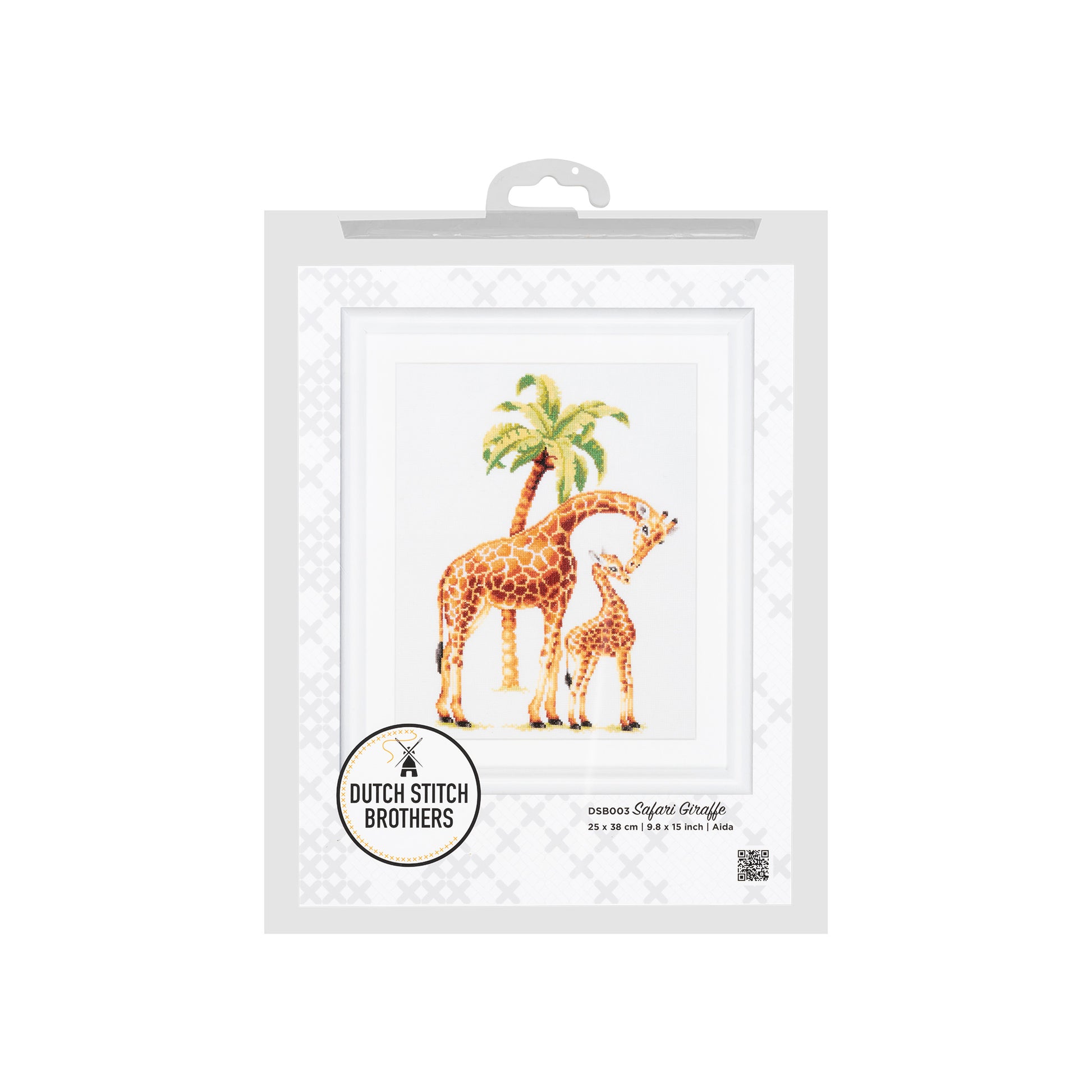 Cross-stitch kit packaging with two giraffes and a palm tree Dutch Stitch Brothers brand