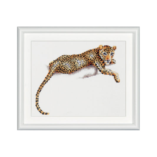 cross stitched design of a leopard on a white background