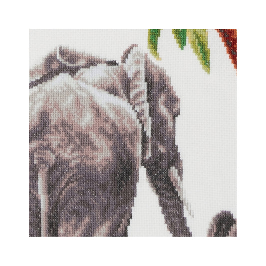 Close-up of a cross-stitched design featuring elephants with a colorful background.