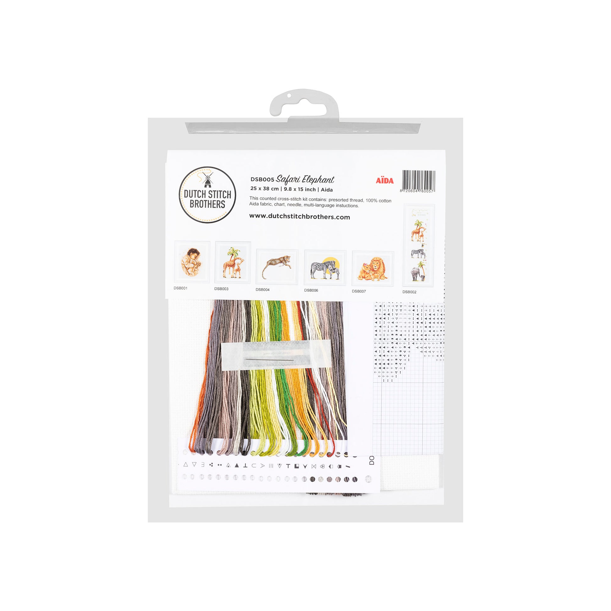 Packaging of Dutch Stitch Brothers embroidery kit with colorful dmc embroidery threads and patterns on a white background