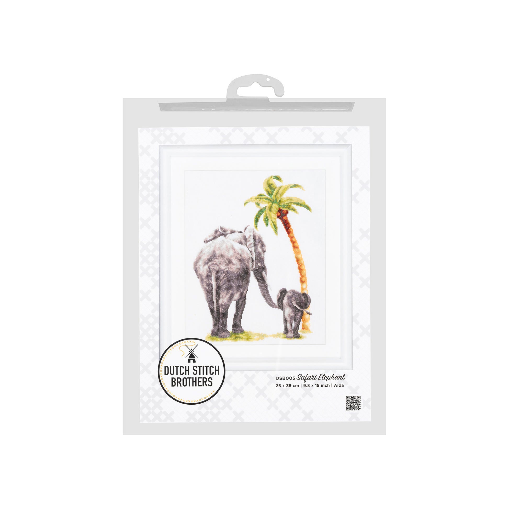 Packaged embroidery kit with illustration of an elephant and child, palm tree, and 'Dutch Stitch Brothers' branding on a white background.