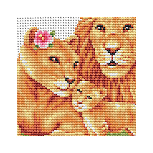 Cross-stitched design of a lion family with a rose on a white background
