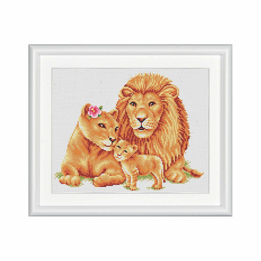 Cross-stitched picture of a lion family with a white frame.
