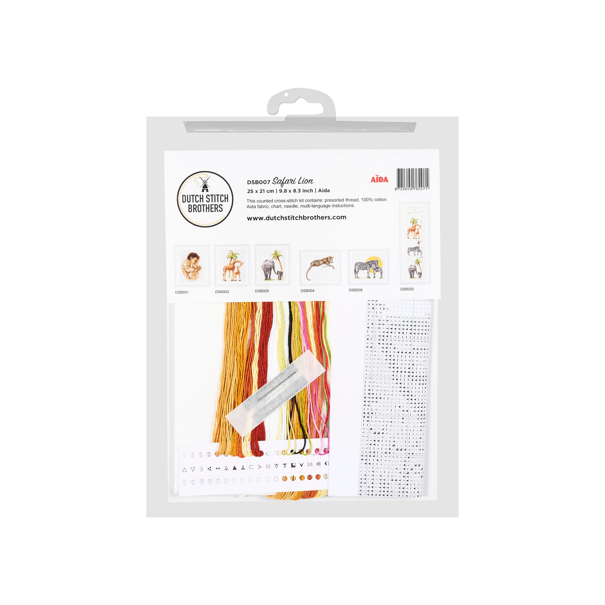 Packaging of Dutch Stitch Brothers embroidery kit with colorful dmc embroidery threads and patterns on a white background