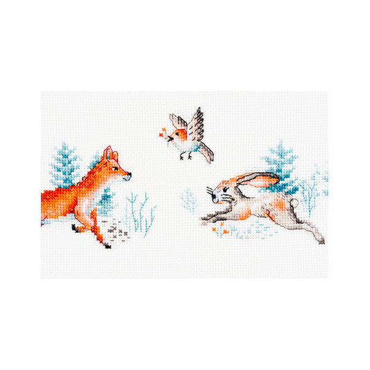 Cross-stitched design of a fox, rabbit, and bird on a white background