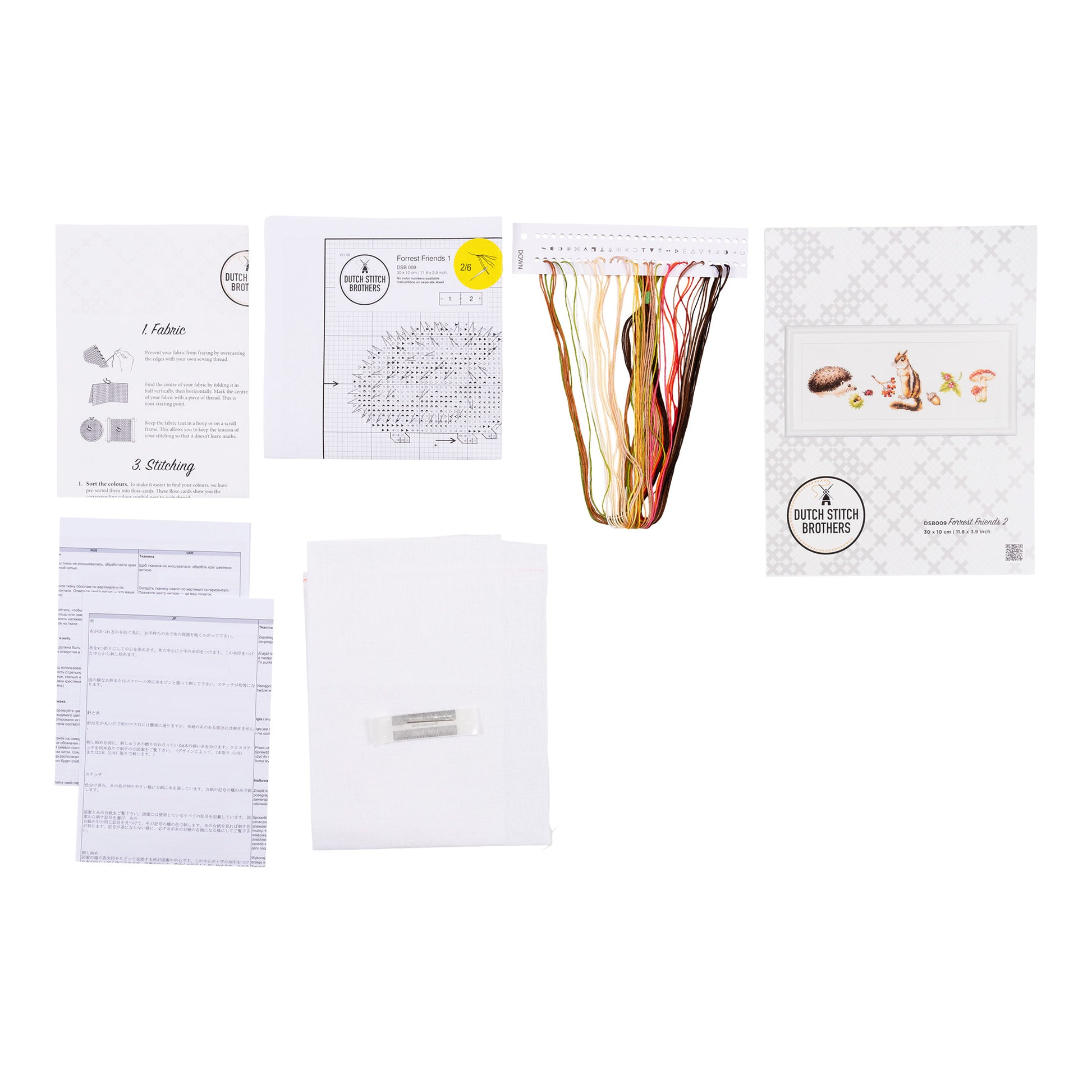 Embroidery kit with pattern and chart, needlework fabric, and threads on the floss organizer.