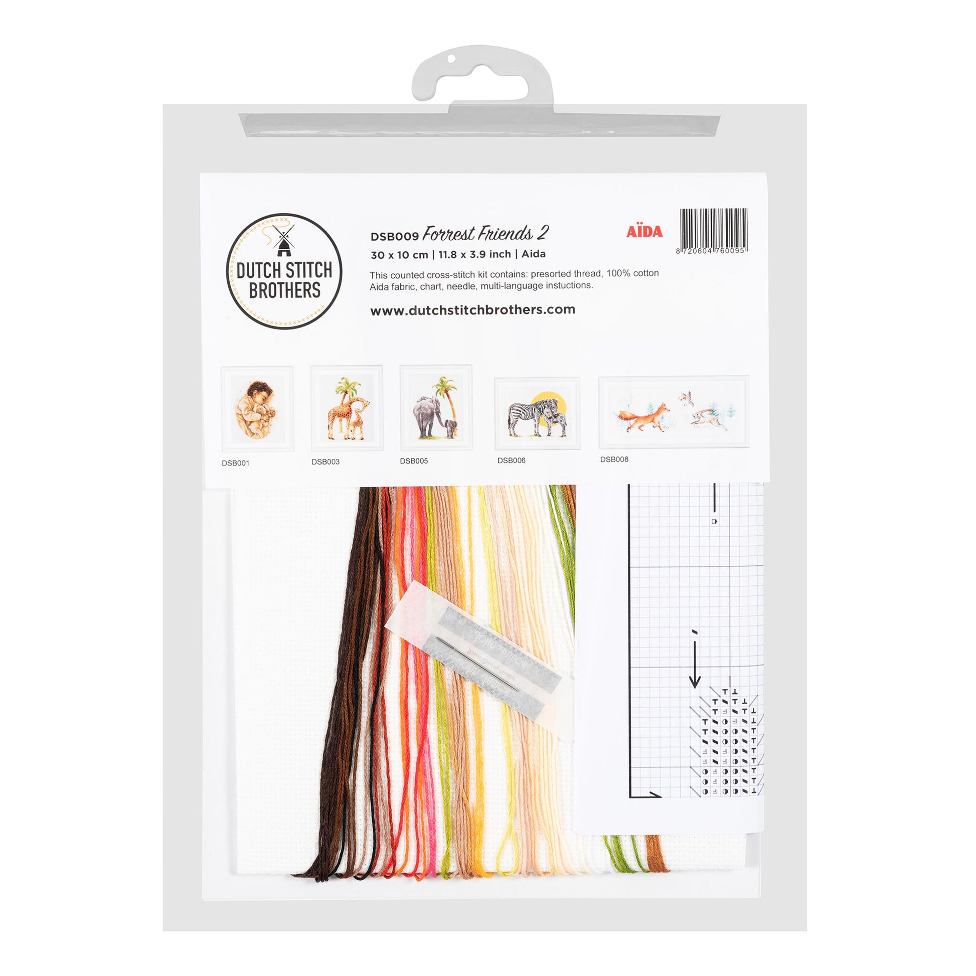 Dutch Stitch Brothers embroidery kit packaging with colorful threads and design chart.