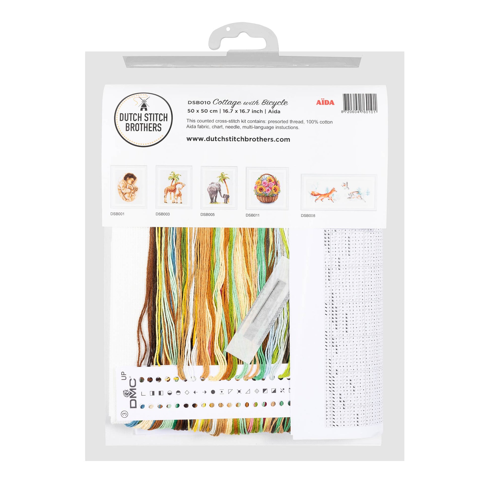Cross-stitch kit packaging with pattern chart, presorted threads and needle on a white background