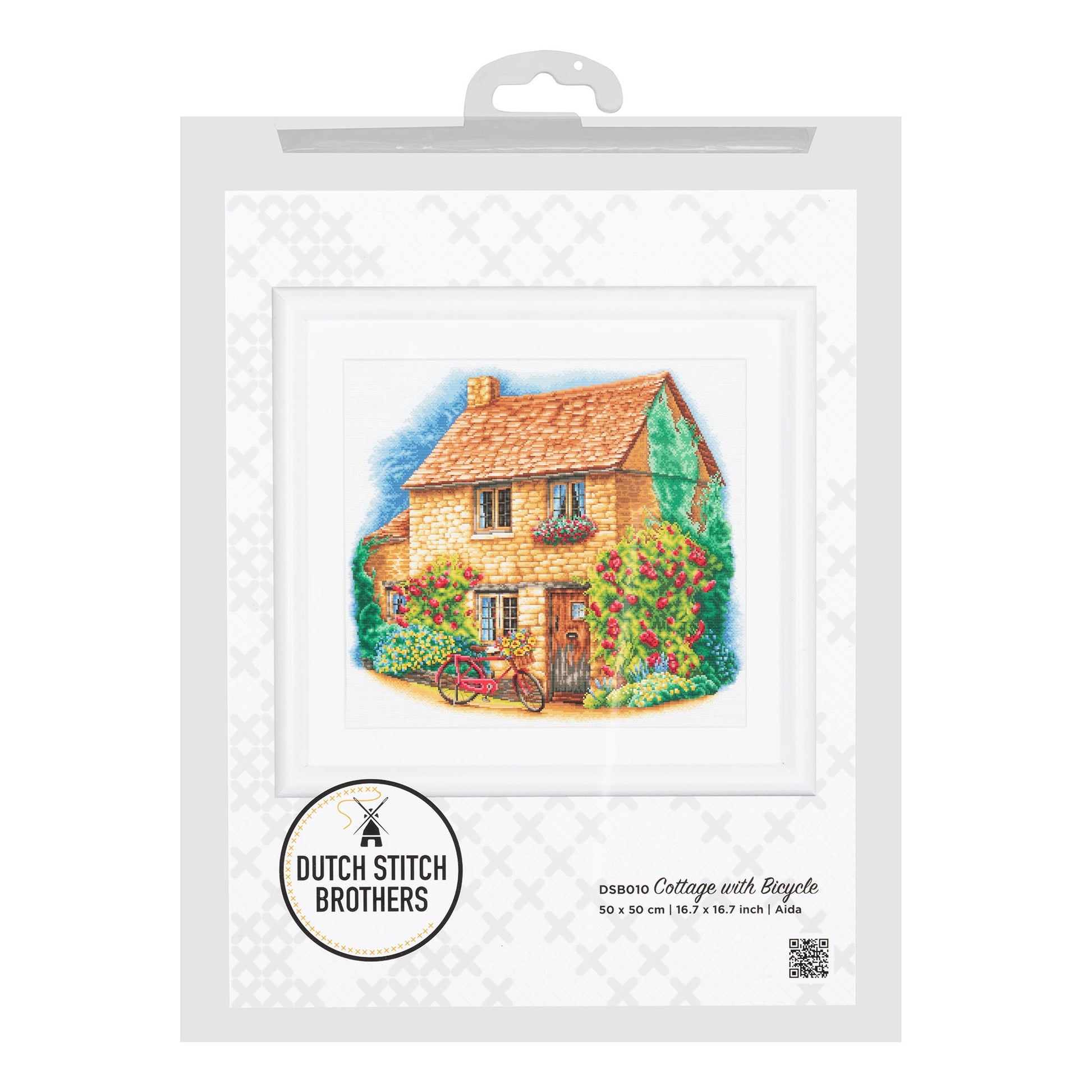 Cross-stitch kit packaging featuring a cottage with flowers and a bicycle, branded 'Dutch Stitch Brothers'.
