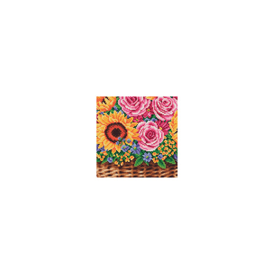 close upcross-stitch pattern of a colorful flower basket