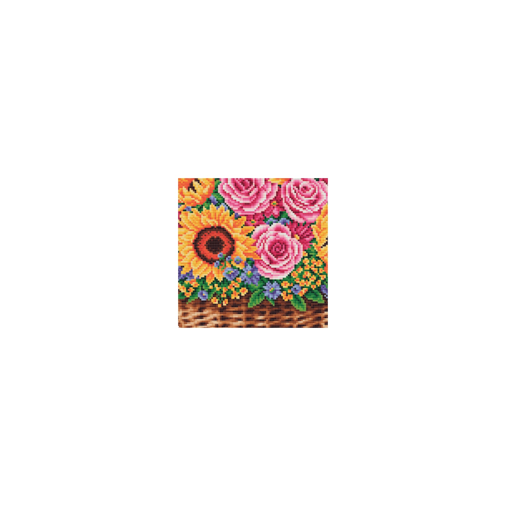 close up cross-stitch pattern of a colorful flower basket