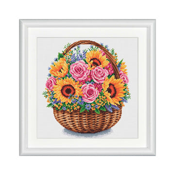 cross-stitch pattern of a colorful flower basket