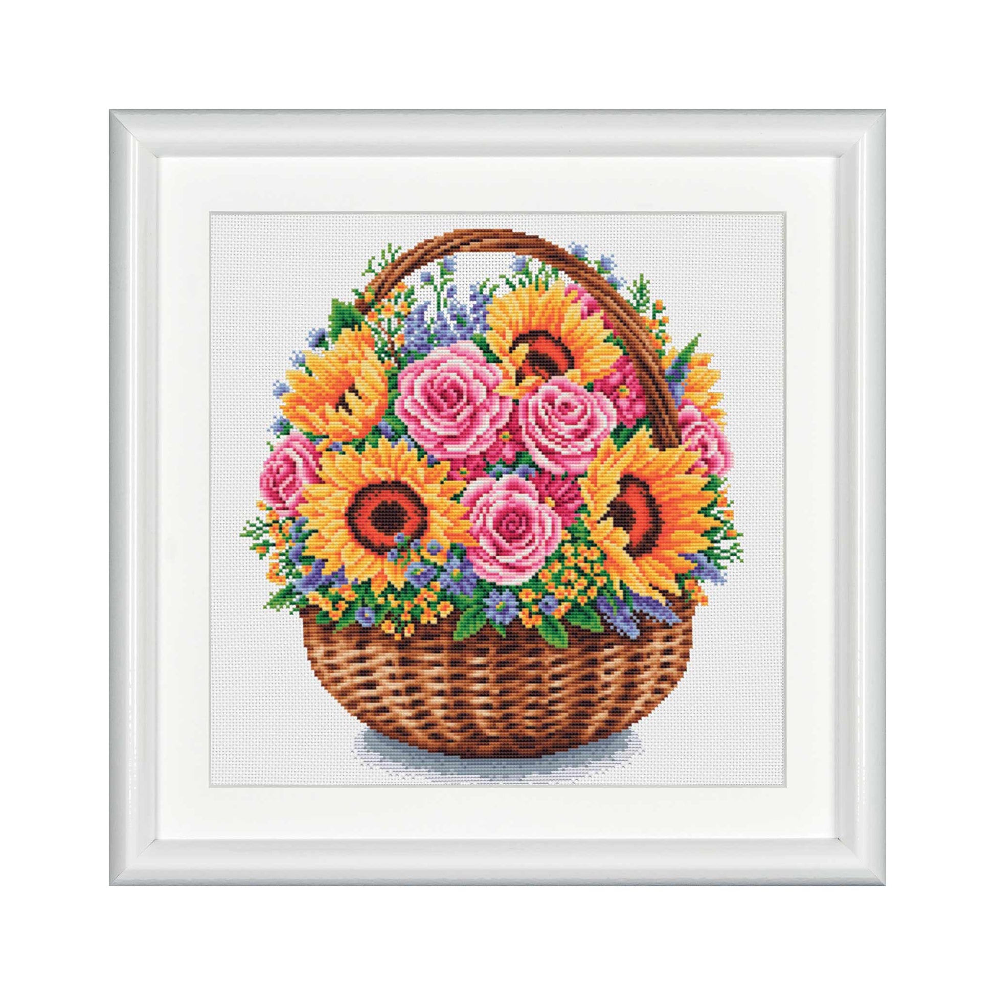 cross-stitch pattern of a colorful flower basket