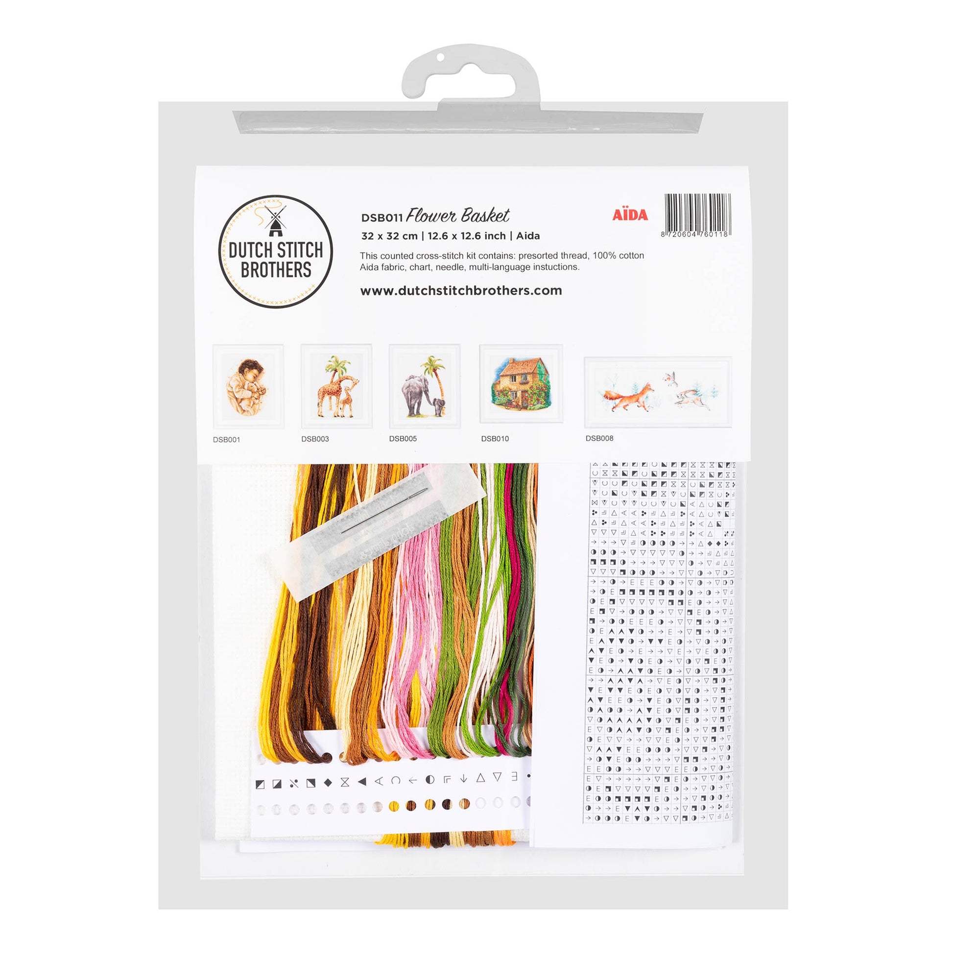 Dutch Stitch Brothers embroidery kit packaging with colorful threads and cross-stitch pattern on a white background