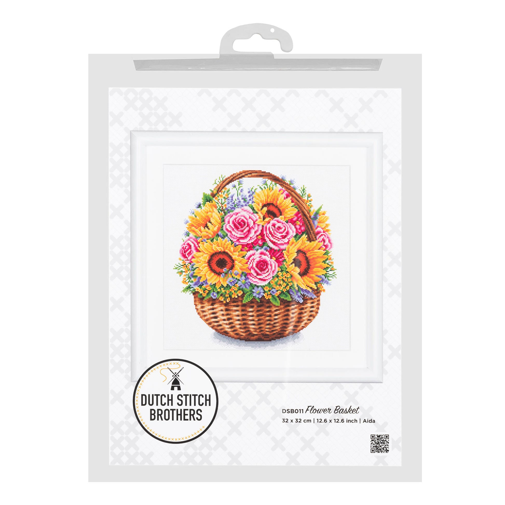 Cross stitch kit packaging with a basket of flowers and 'Dutch Stitch Brothers' branding.