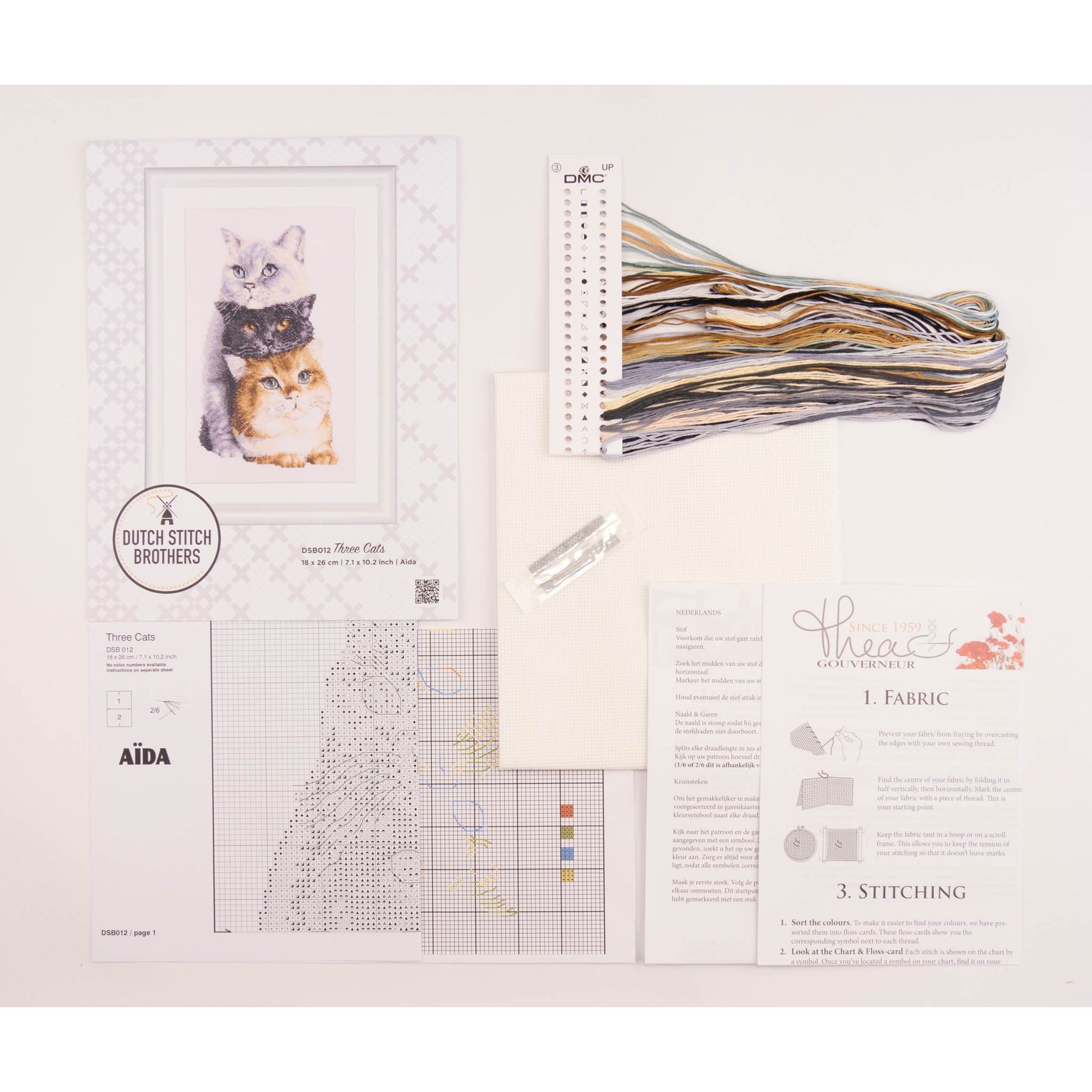 Embroidery kit with pattern and chart, needlework fabric, and threads on the floss organizer.