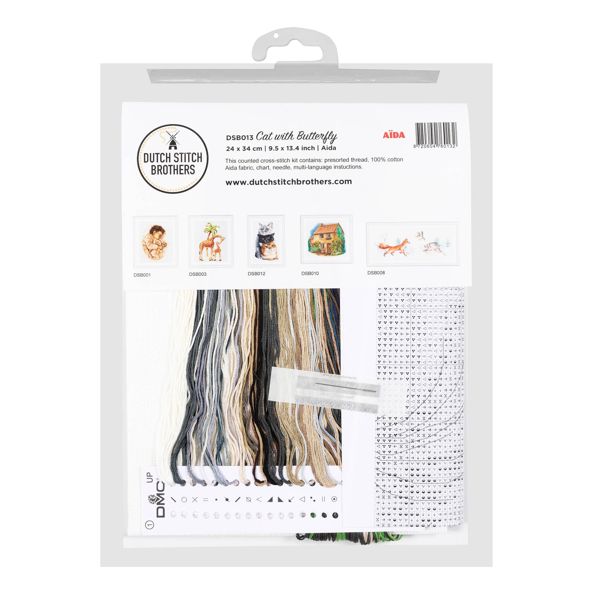 Dutch Stitch Brothers cross stitch kit packaging with presorted threads and needlework fabrics