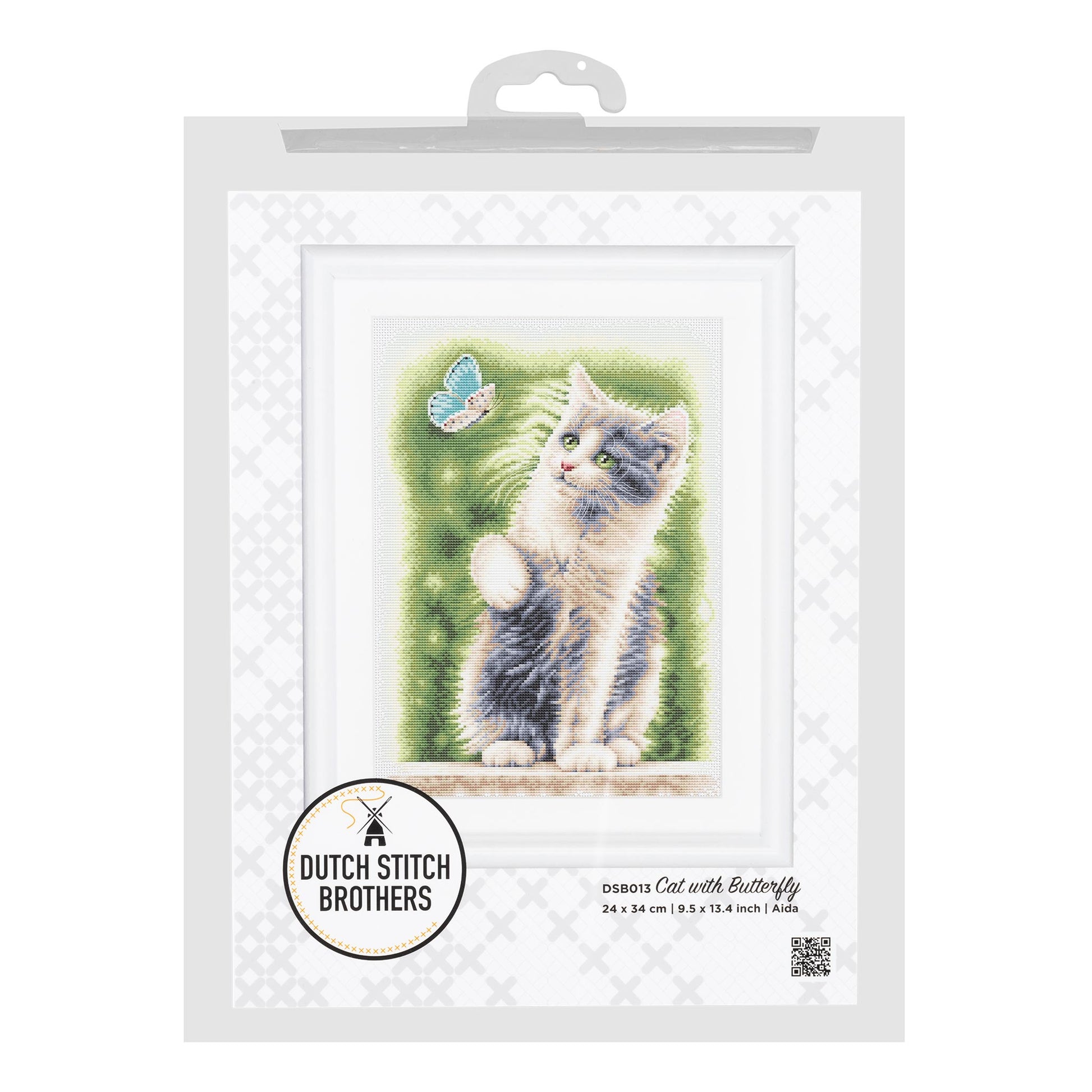 Cross-stitch kit packaging featuring a cat and butterfly design, brand 'Dutch Stitch Brothers'.