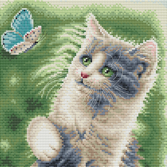 DSB013L - Cat with Butterfly - White Linen - 13.4 x 9.5 Inch