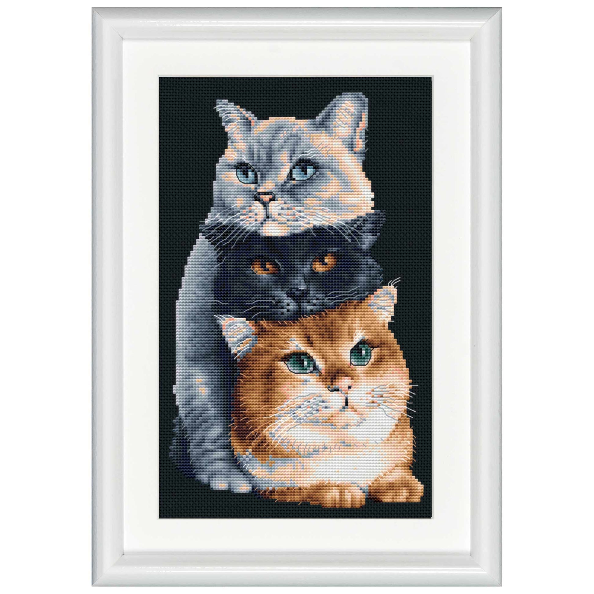 Cross-stitched designs of three cats sitting above each other
