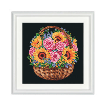 Counted Cross Stitch Kit Flower Basket on a black background