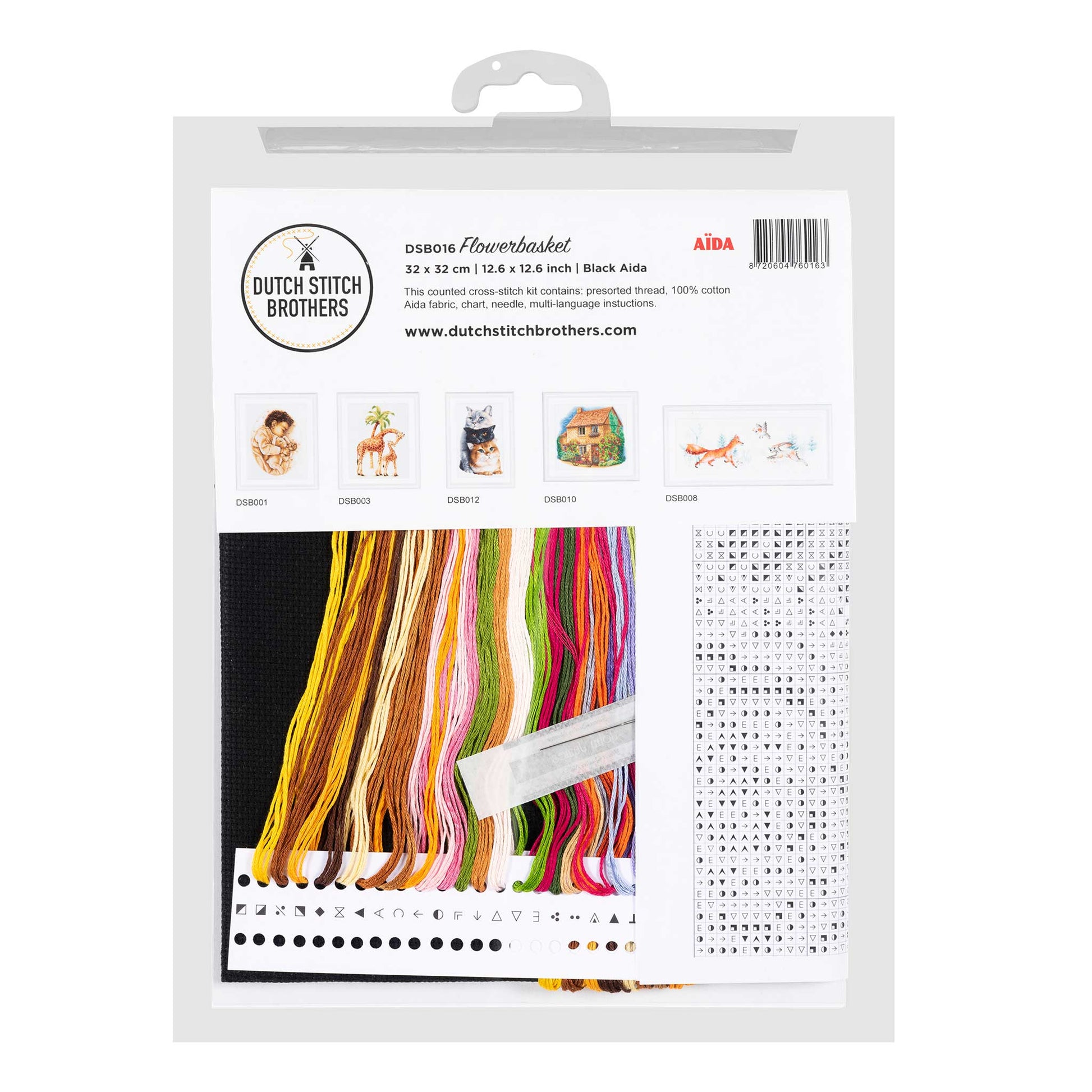 Cross stitch kit packaging with colorful threads and pattern chart on a white background