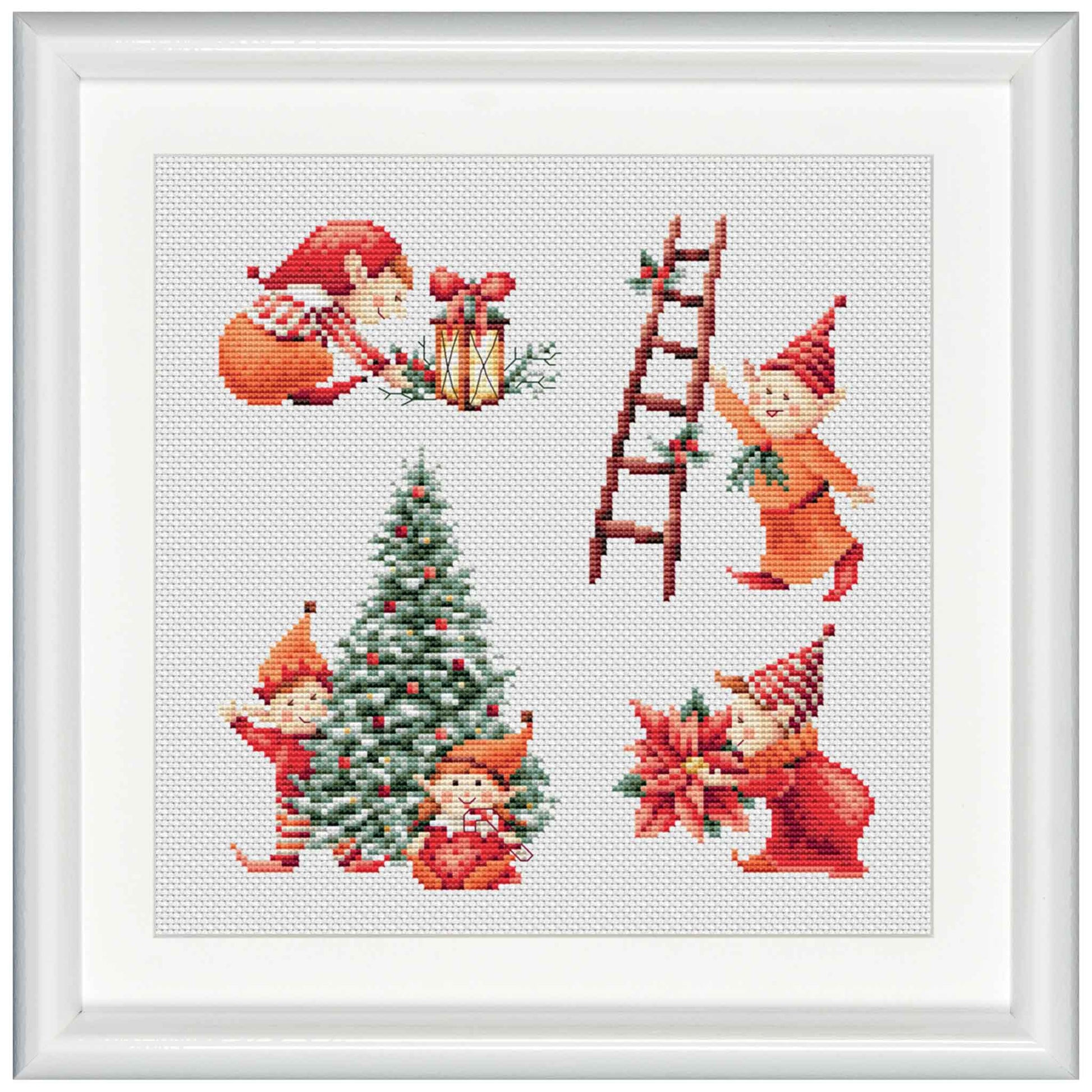 Cross-stitched design of Christmas elves around a tree and presents on a white background.