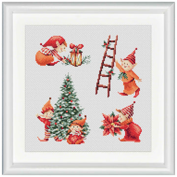 Cross-stitched design of Christmas elves around a tree and presents on a white background.