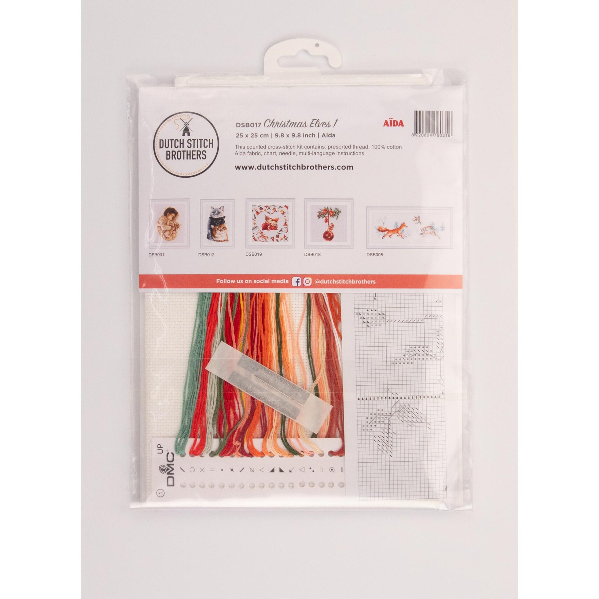 Packaging of Dutch Stitch Brothers embroidery kit with colorful fabric, threads and patterns.