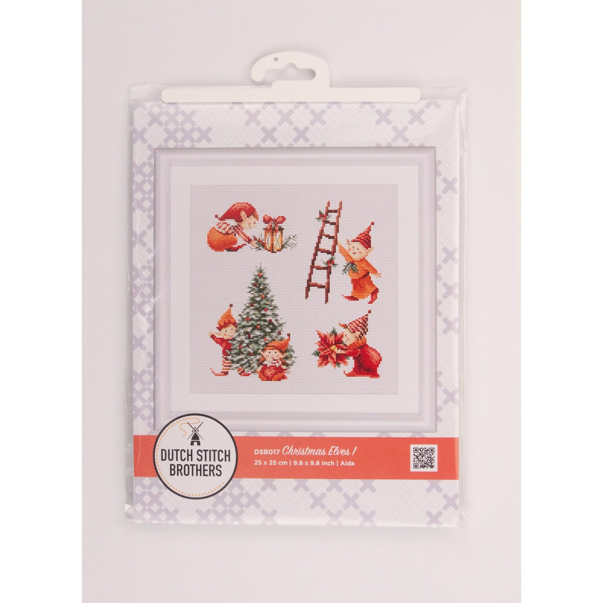 Cross-stitch kit packaging with Christmas-themed design and 'Dutch Stitch Brothers' branding.