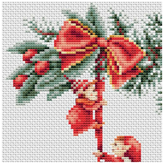 Cross-stitched design of a gnome under a red bow with greenery on a white background
