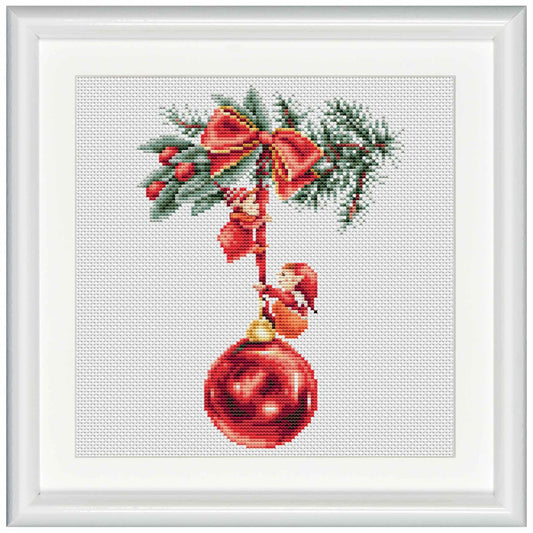Cross-stitched design of a red Christmas ball with elves and greenery on a white background.
