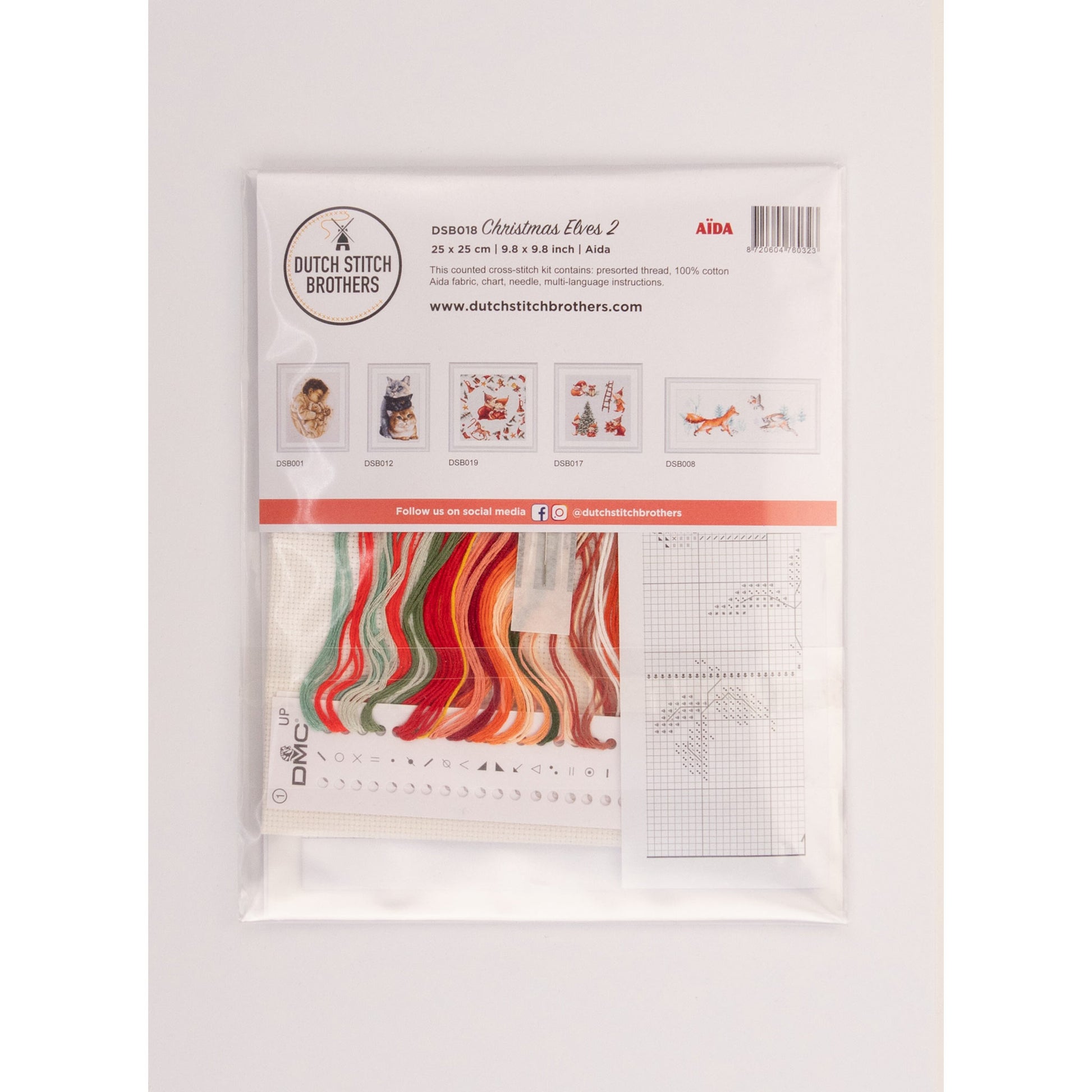 Packaging of Dutch Stitch Brothers embroidery kit with cross-stitch fabric and threads.