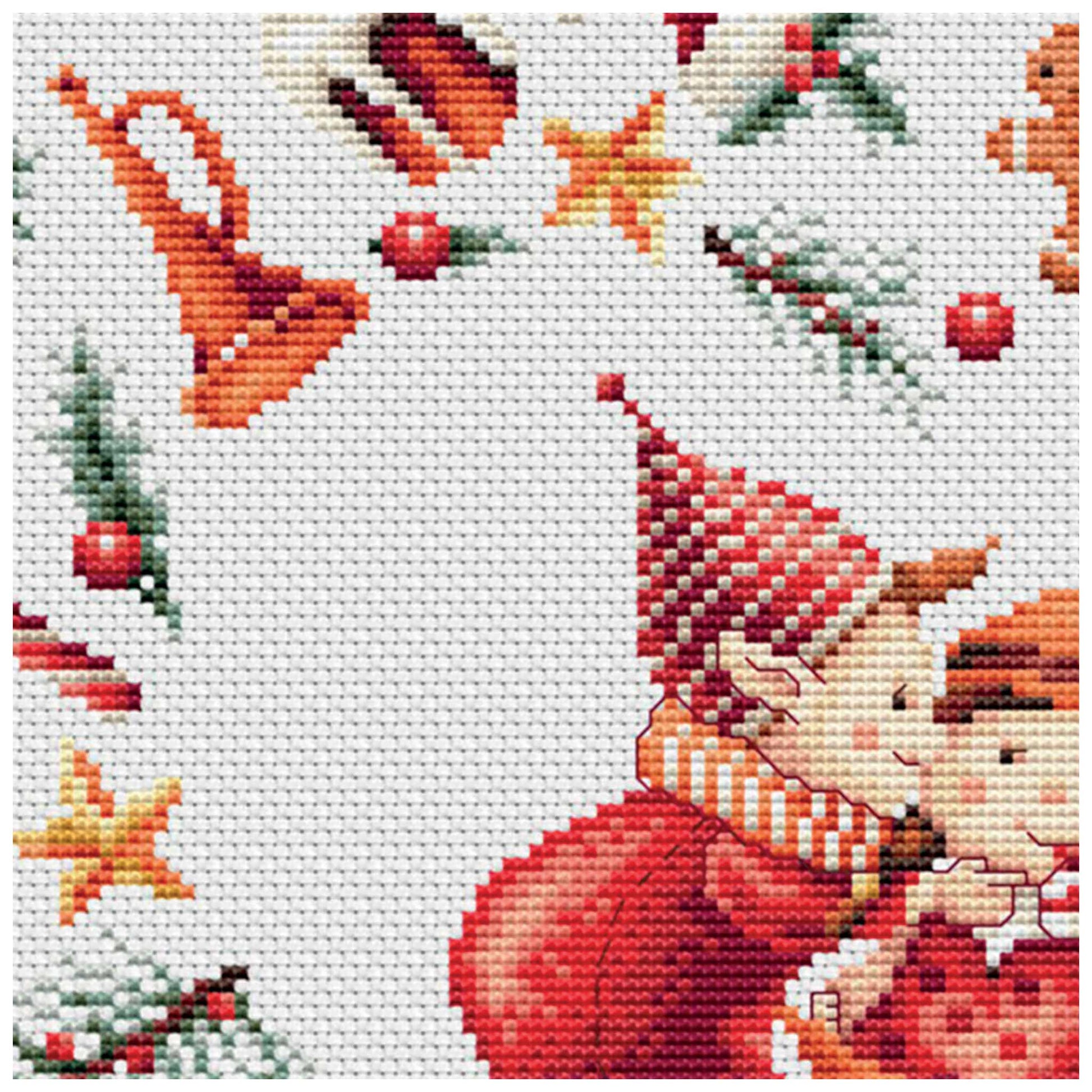 Cross-stitched design of a gnome with festive elements on a white background
