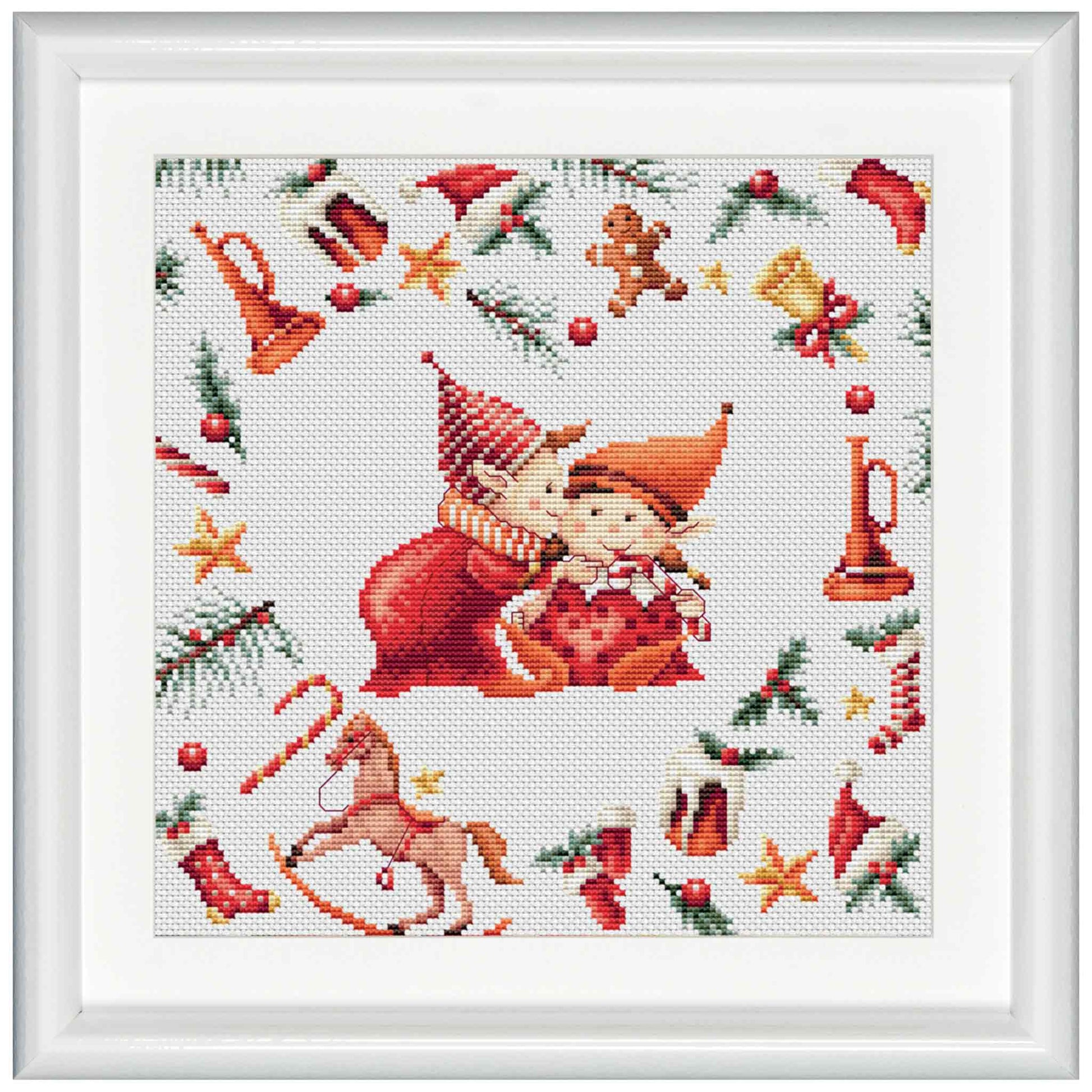 Cross-stitched design with two elves, Christmas decorations, and a rocking horse on a white background.