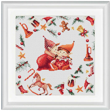 Cross-stitched design with two elves, Christmas decorations, and a rocking horse on a white background.