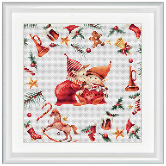 Cross-stitched design with two elves, Christmas decorations, and a rocking horse on a white background.