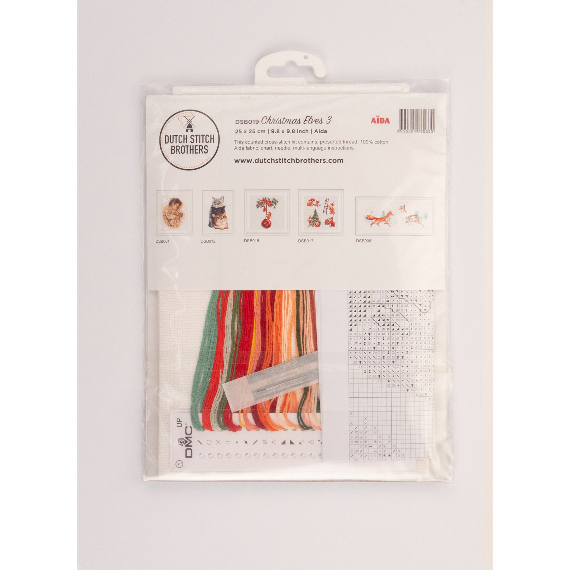 Packaging of Dutch Stitch Brothers embroidery kit with cross-stitch fabric and threads.