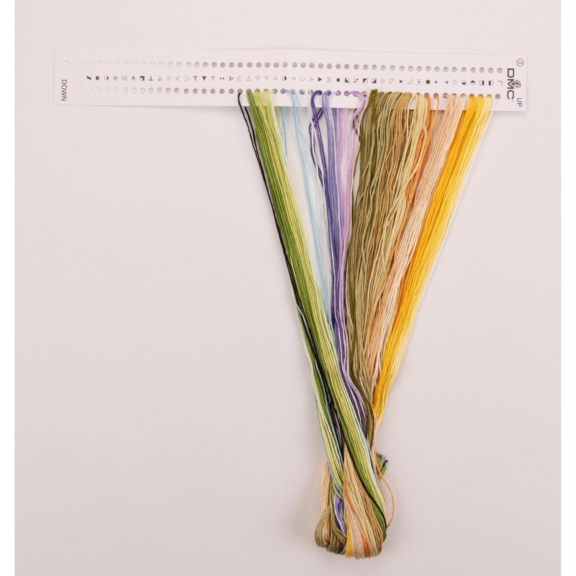 Set of colorful dmc embroidery threads presorted on the floss organizer