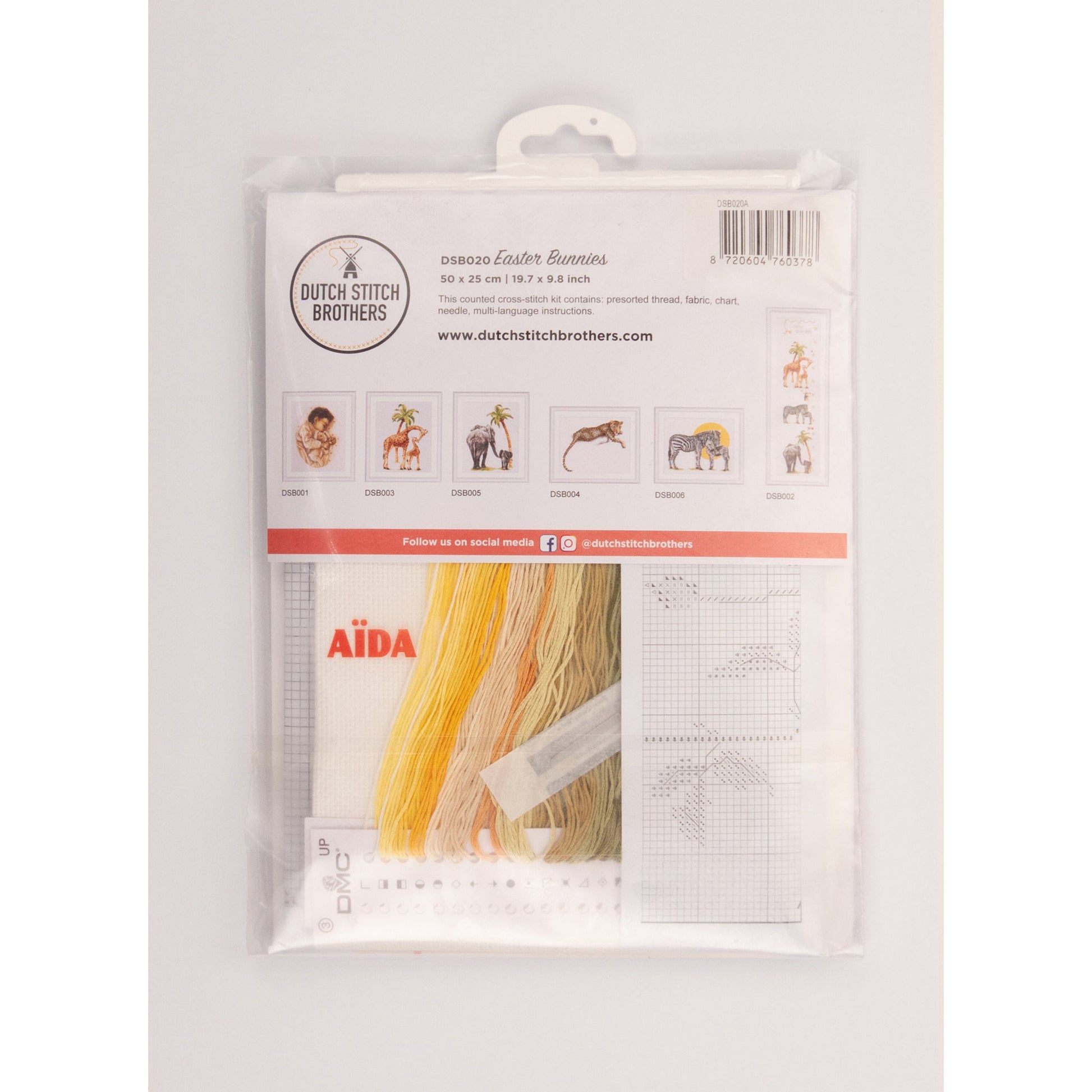 Packaging of Dutch Stitch Brothers embroidery kit with cross-stitch fabric and threads.