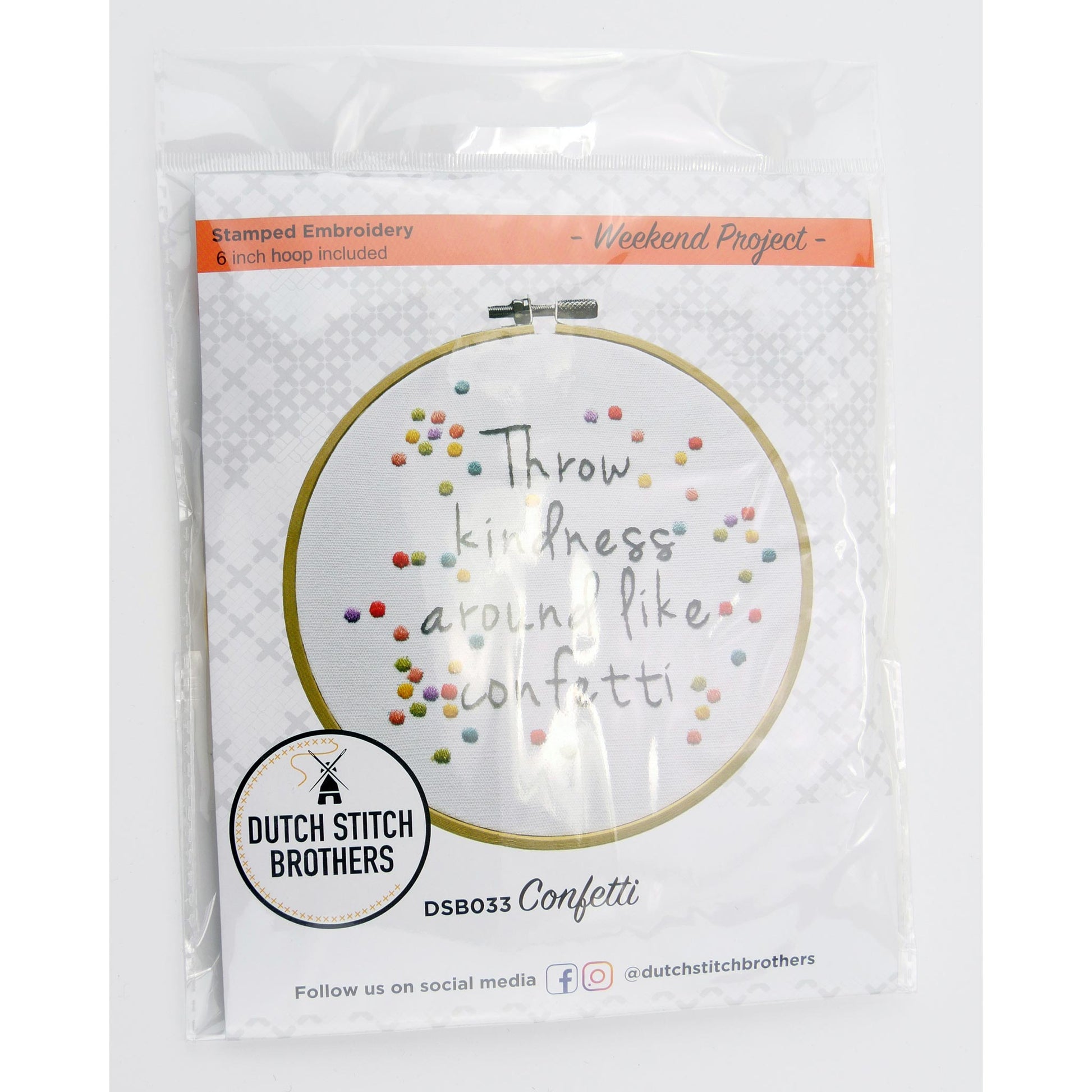 Dutch Stitch Brothers embroidery kit with text and confetti design