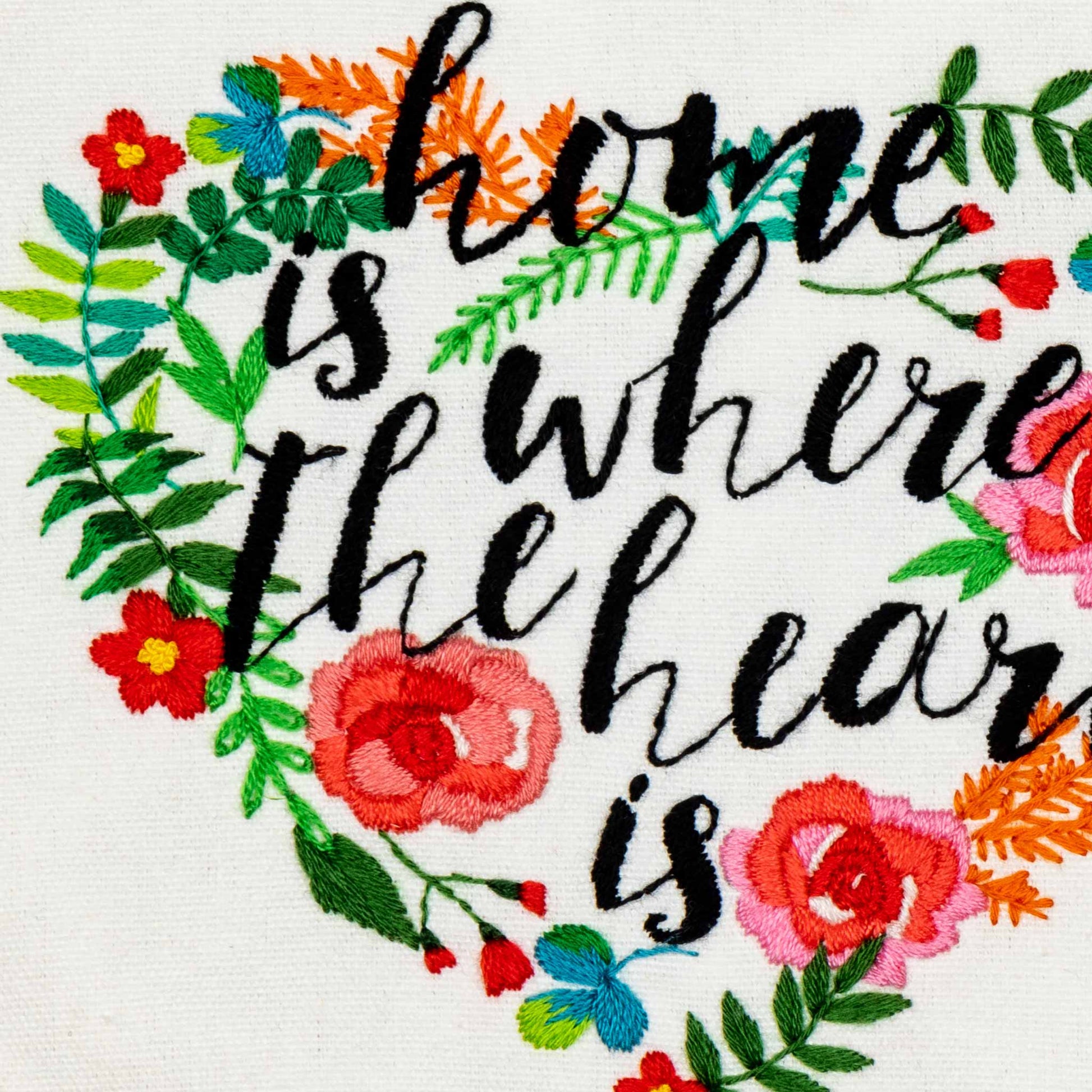 Embroidery design with floral elements and text 'home is where the heart is' on a white background.