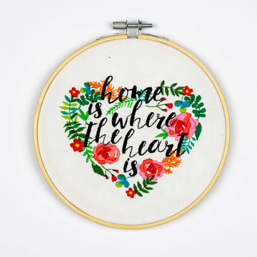 Embroidery on a hoop with colorful floral design and text 'home is where the heart is' on a white background