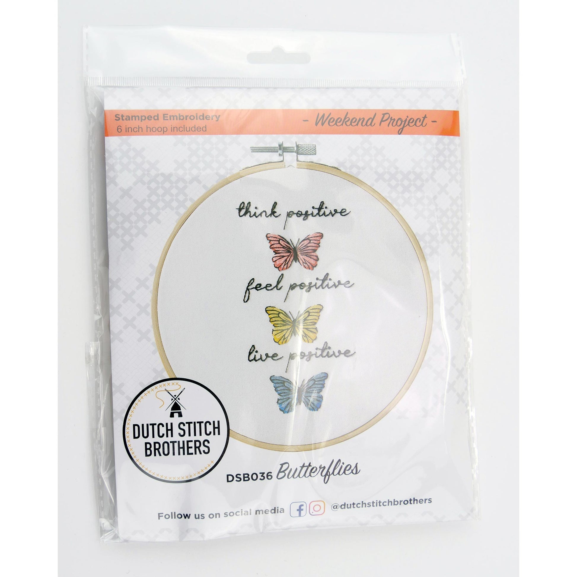 Packaged embroidery kit with butterflies and text 'think positive, feel positive, live positive' by Dutch Stitch Brothers.