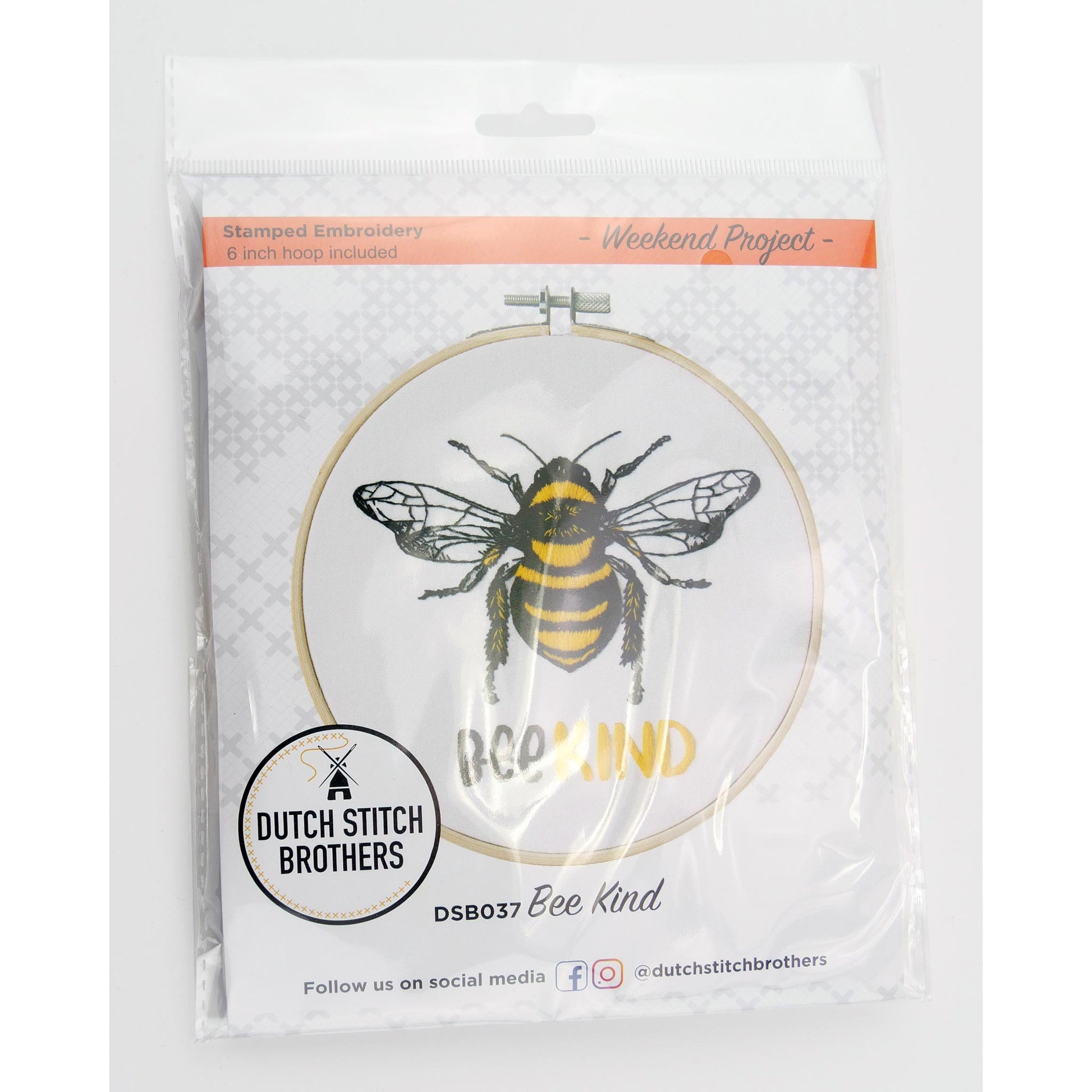 Packaged embroidery kit on the hoop with bee design and 'Dutch Stitch Brothers' branding.