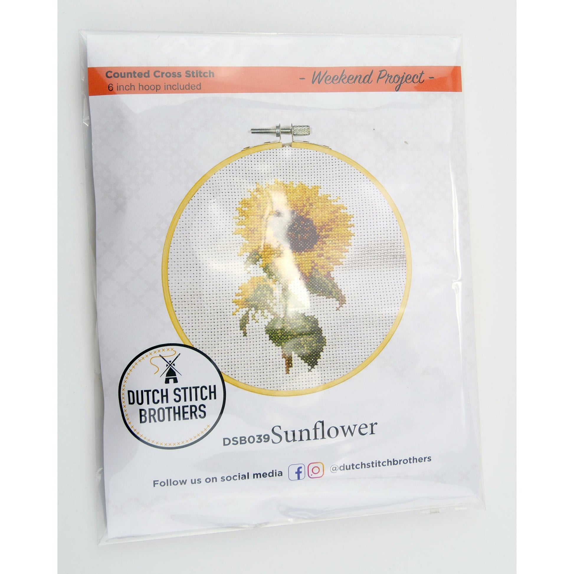 Cross-stitch kit with sunflower design and 'Dutch Stitch Brothers' branding on a white background.