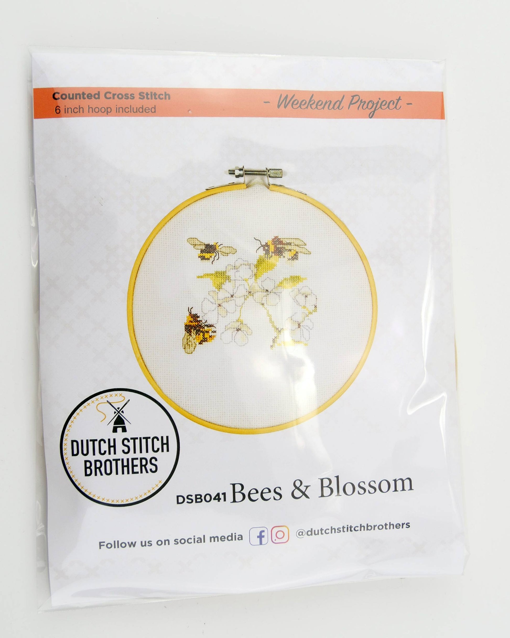 Embroidery kit packaging with 'Bees & Blossom' design and Dutch Stitch Brothers branding.